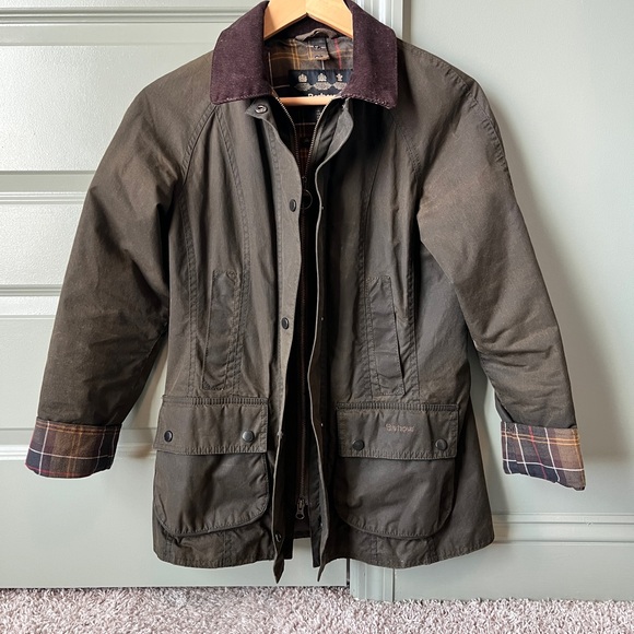 Barbour Olive Jacket with Plaid Cuffs - Picture 7 of 9